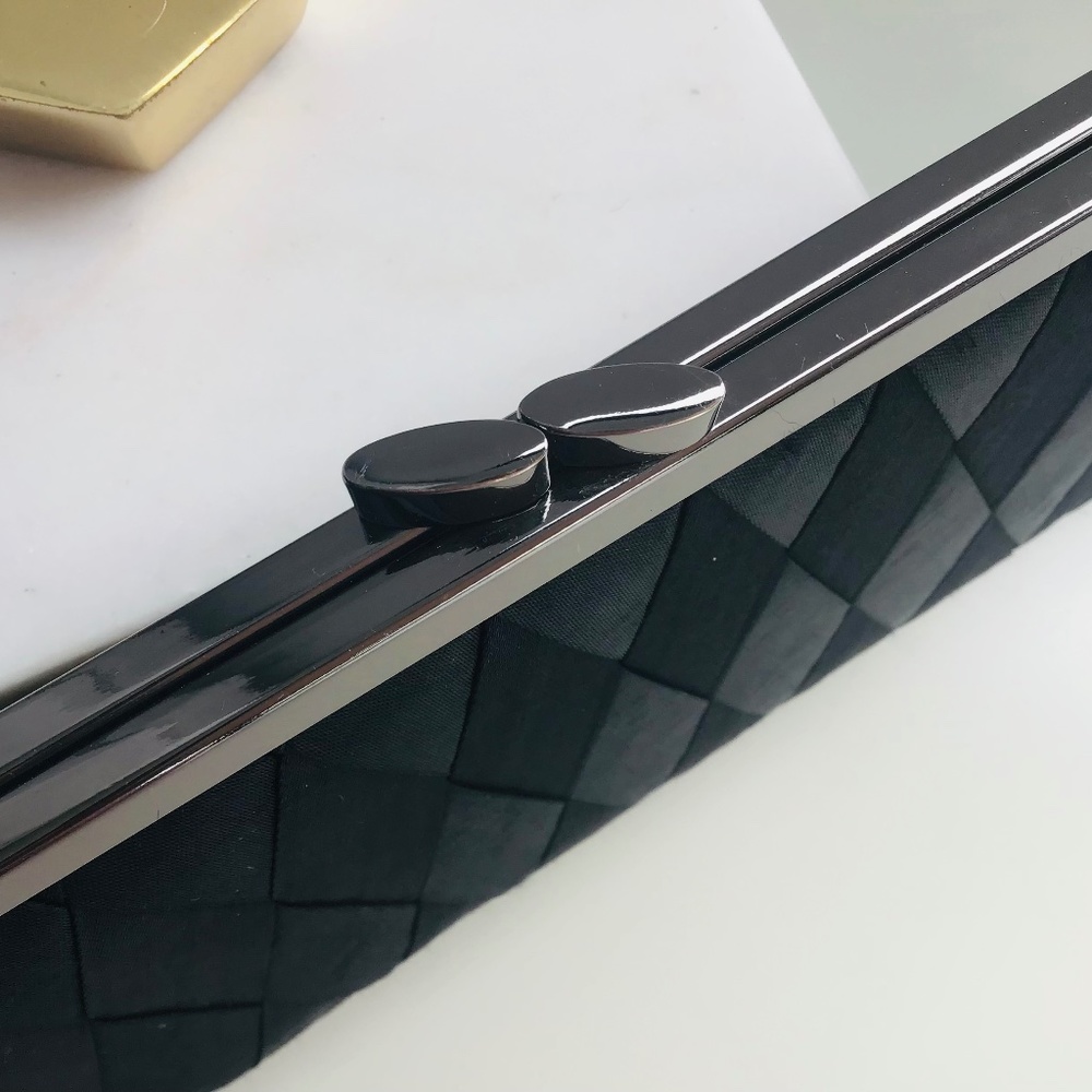 OLGA BERG long black satin clutch with metal strap and closure - like new - Picture 3 of 4